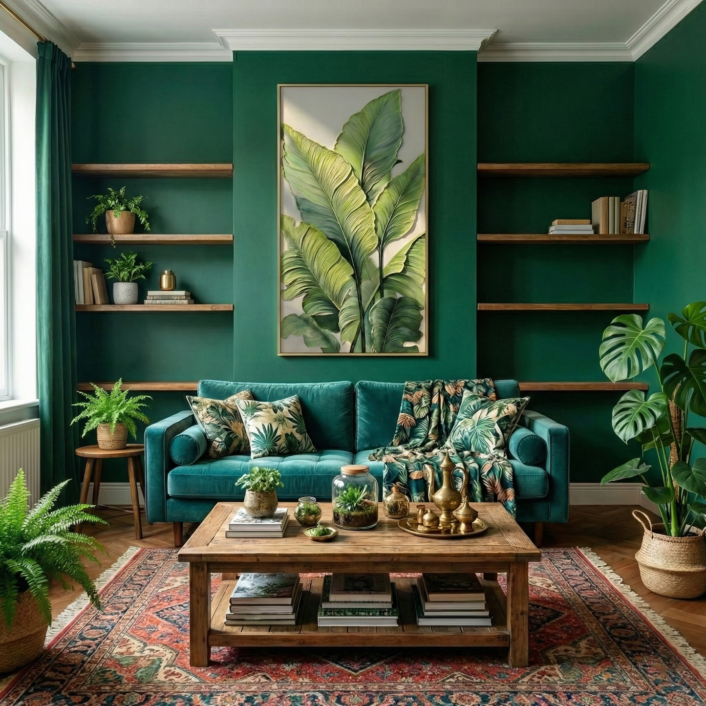 Verdant Stratum tropical leaf artwork in a plant-filled living room