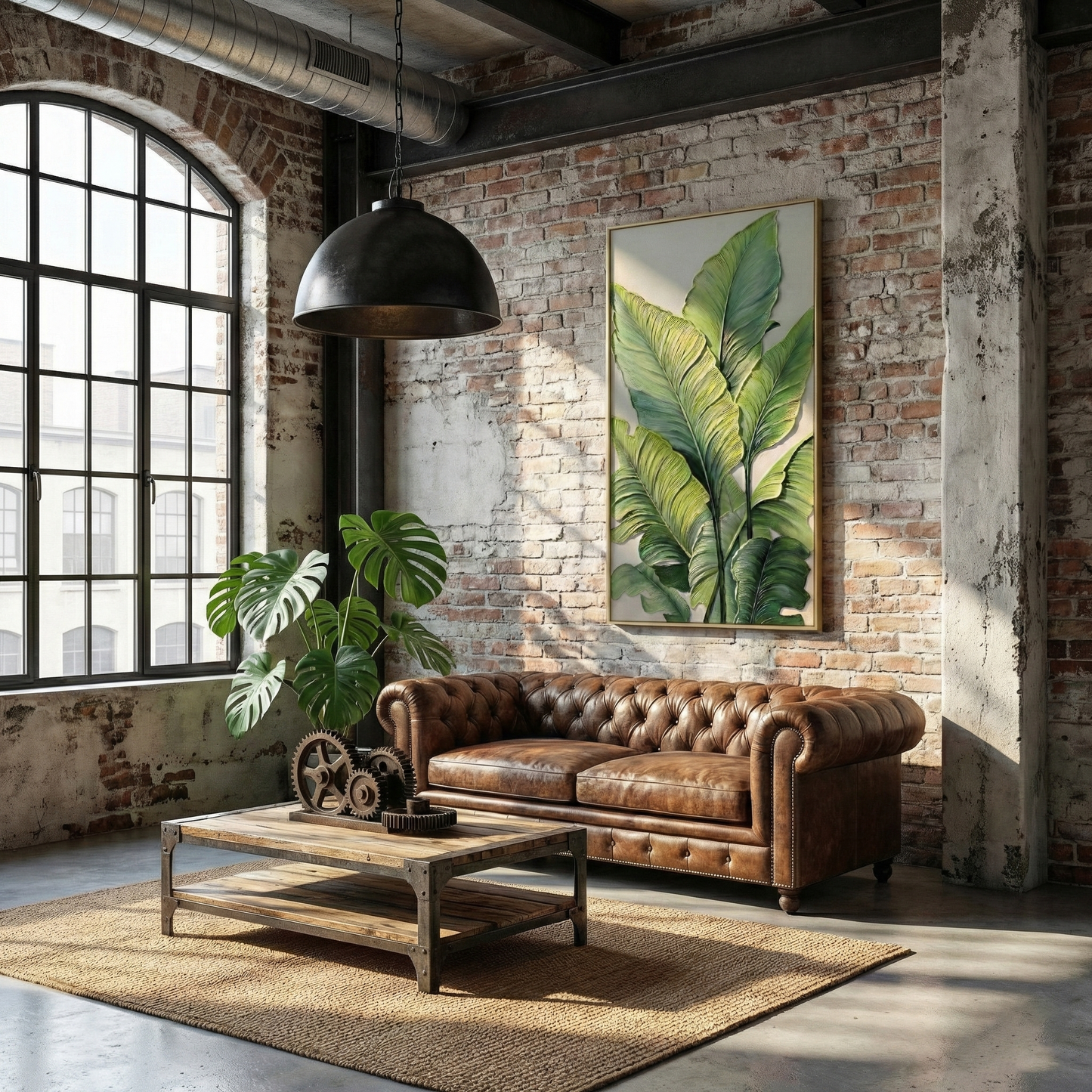 Verdant Stratum green botanical artwork in an industrial loft