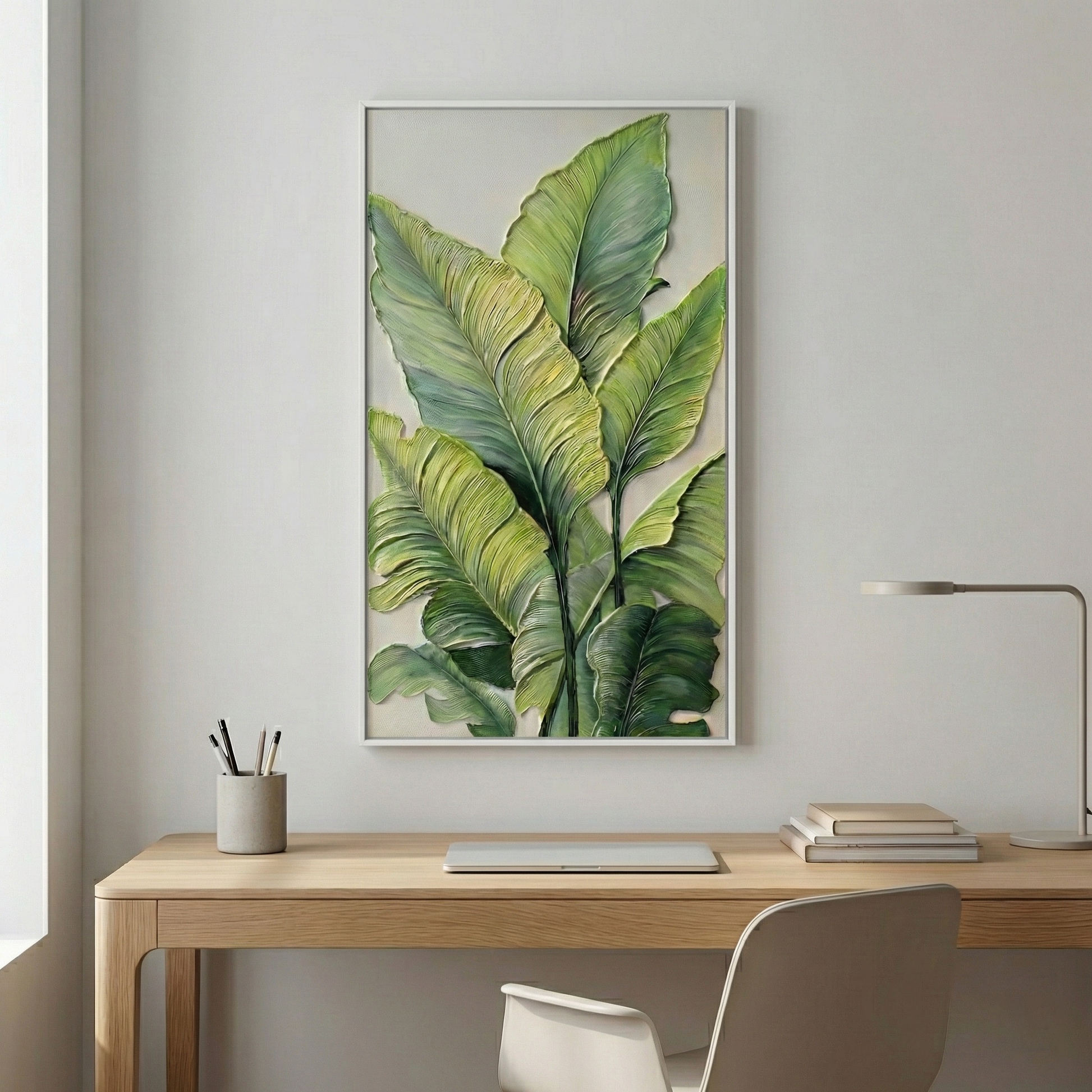 Verdant Stratum tall botanical artwork in a minimal office