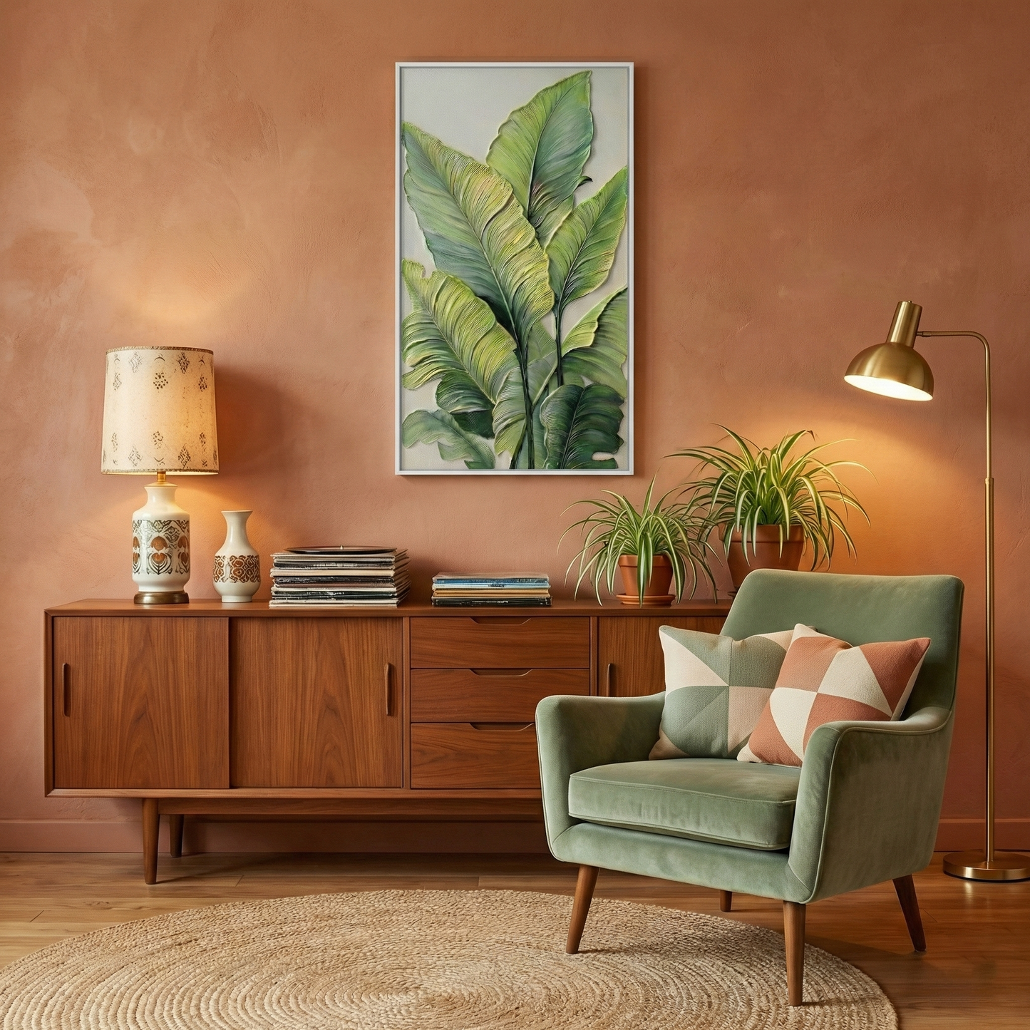 Verdant Stratum tall leaf art in a retro-inspired lounge