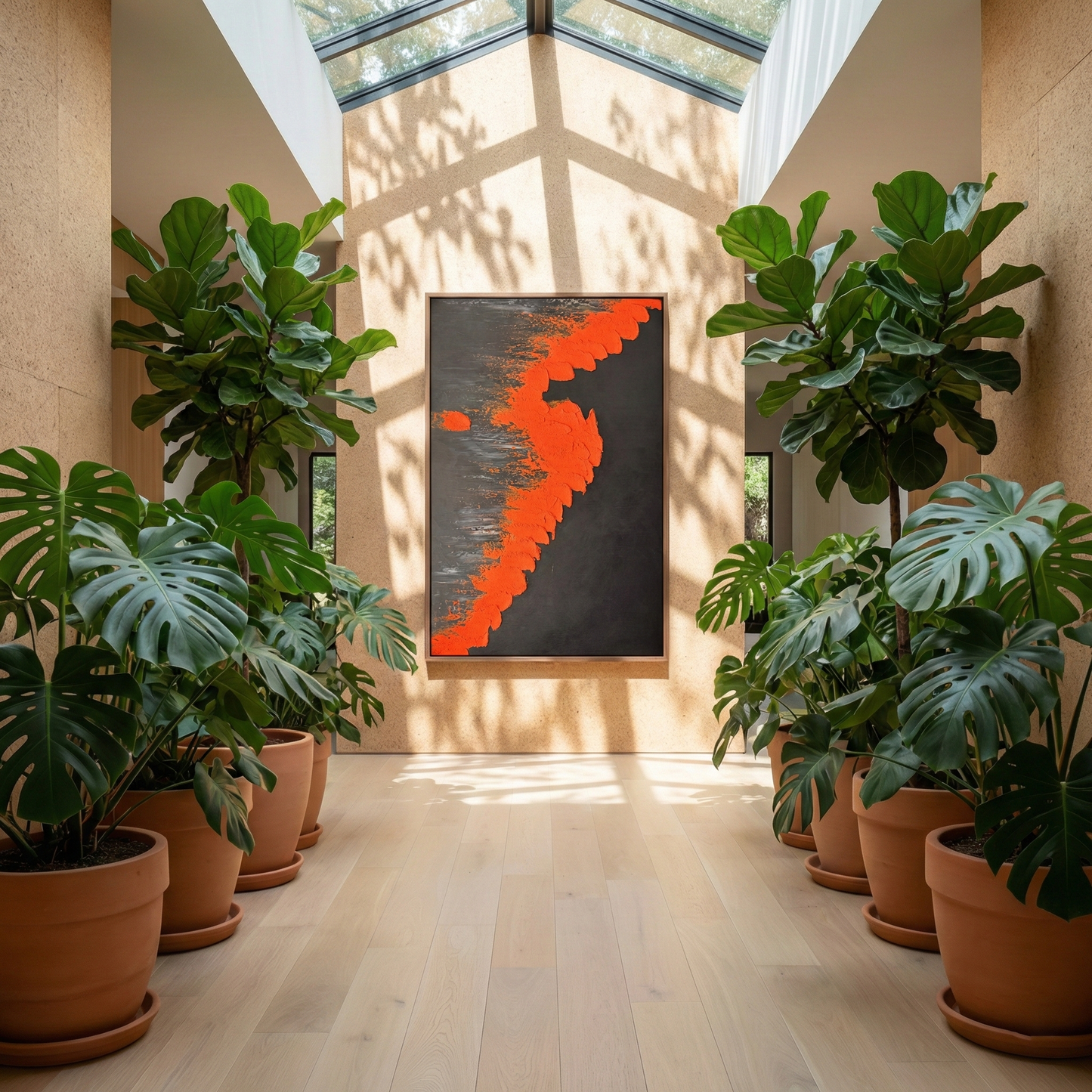 Vesperal Kinetic along a plant-filled hallway