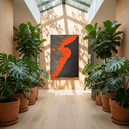 Vesperal Kinetic along a plant-filled hallway