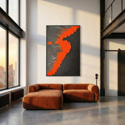Vesperal Kinetic above a rust-colored sofa in a modern living room