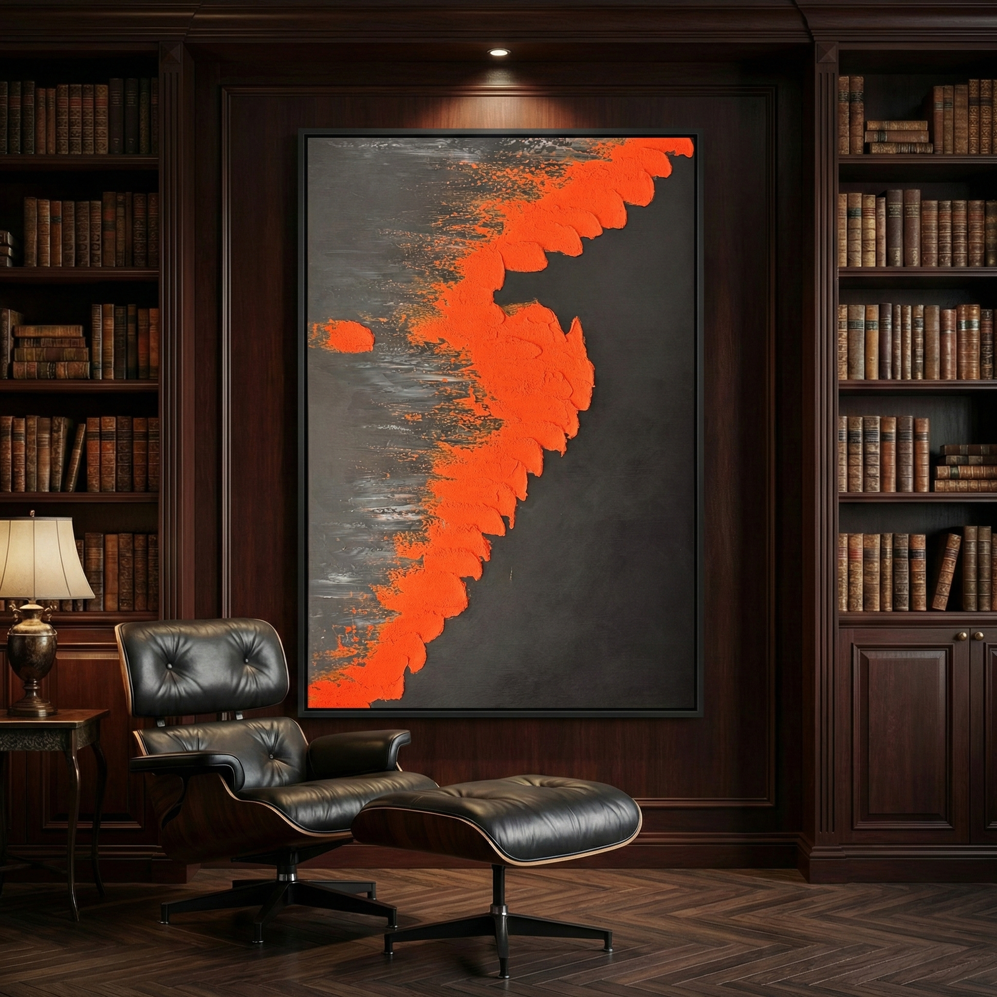 Vesperal Kinetic tall abstract artwork in a dark library