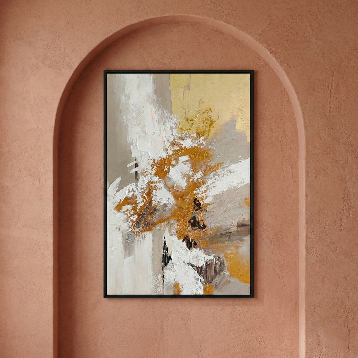 Aeterna abstract wall art displayed in a terracotta arched alcove