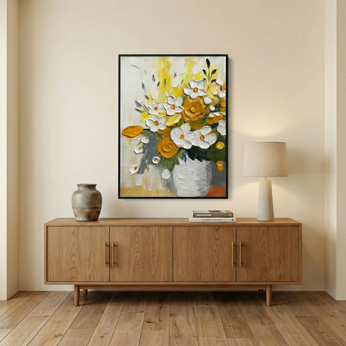 Solaris Impasto yellow floral art above a light wood cabinet