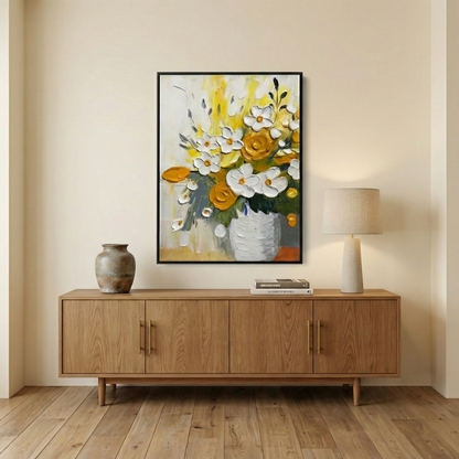 Solaris Impasto yellow floral art above a light wood cabinet